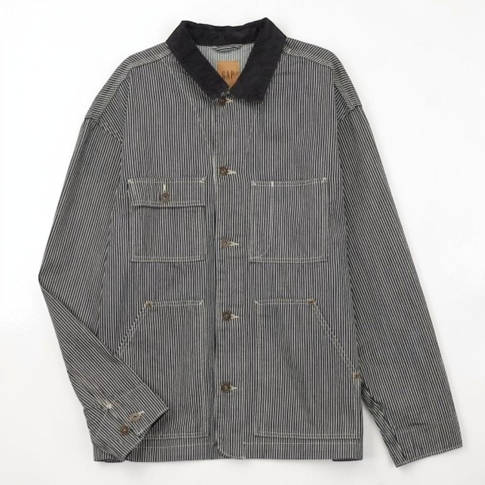 Gap Corduroy Collar Railroad Jacket Mens XL Indigo Stripe‎ Denim Chore Barn Coat